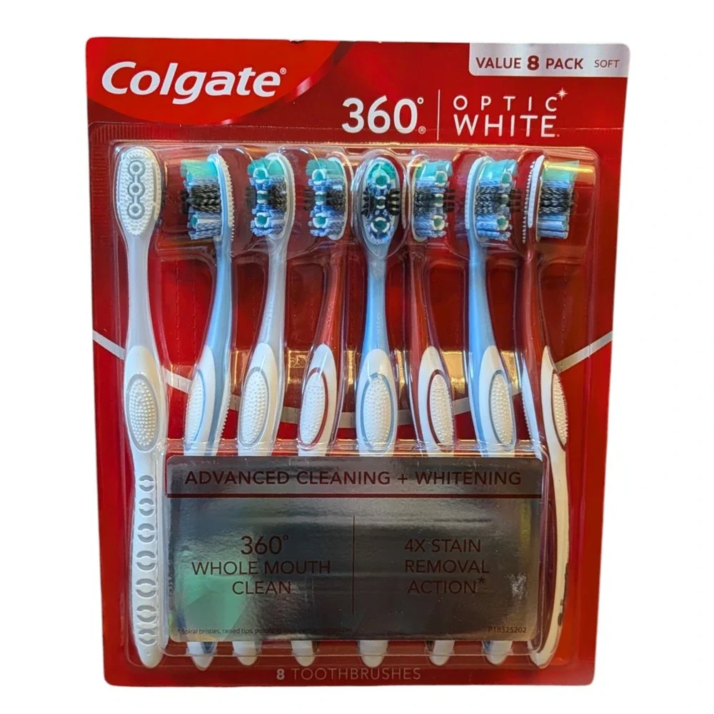 Colgate 360 Optic White Soft Toothbrushes 8 Pack Advanced Cleaning Whitening